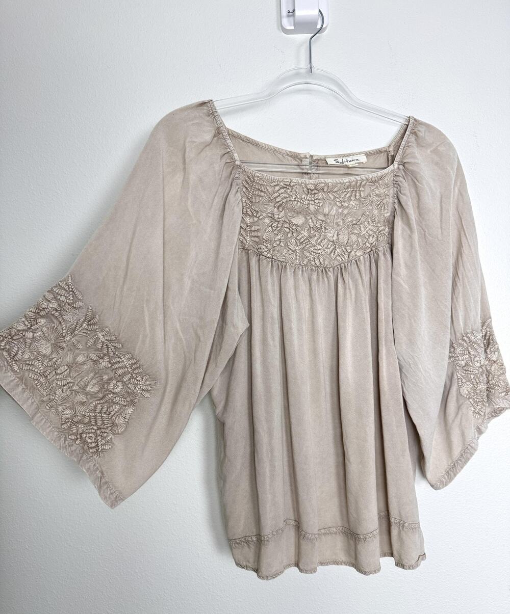 Solitaire Blouse Womens Large Earthy Beige Embroidered Kimono Sleeve Tunic Top